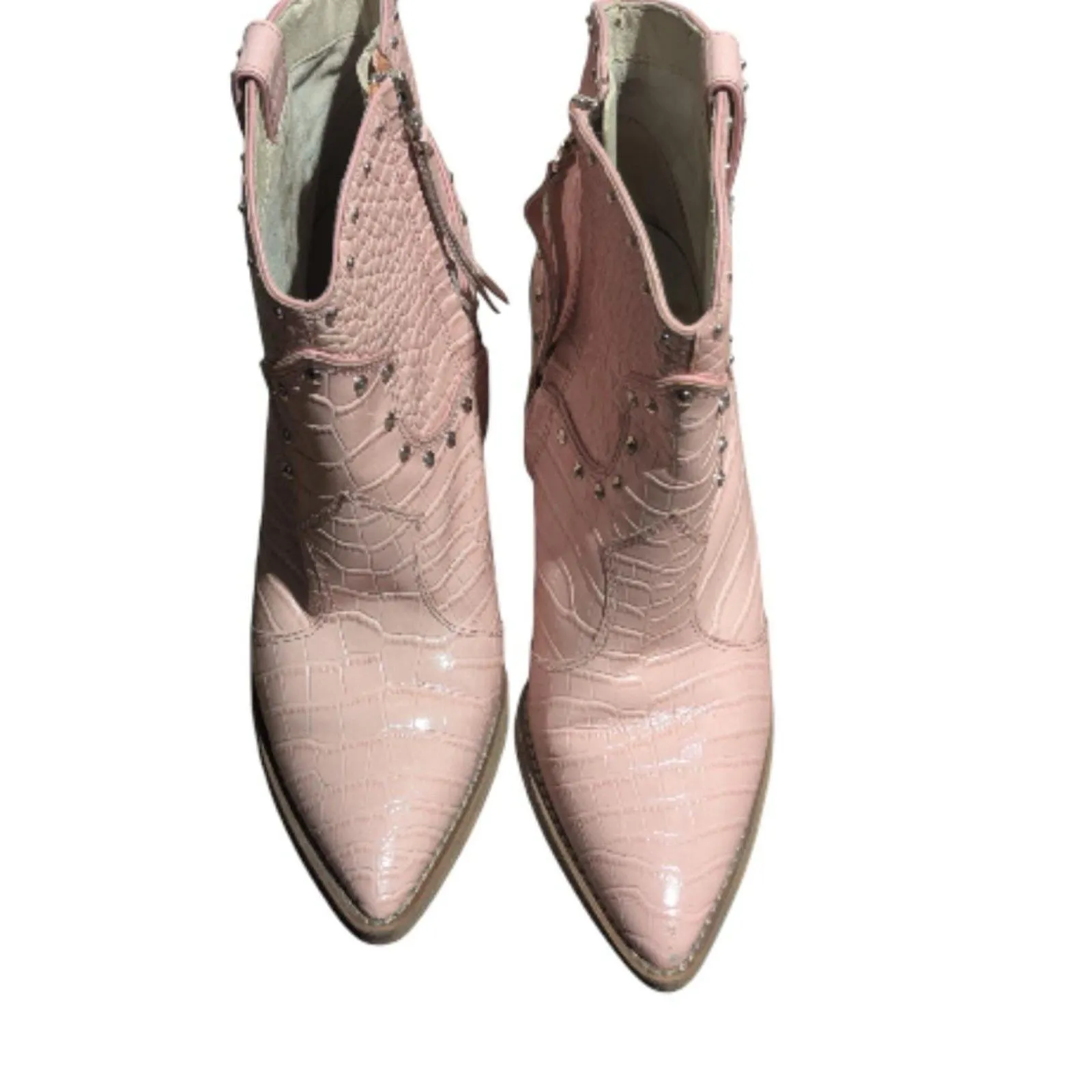 Sam Edelman Iris Pink Crocodile Embossed Western Ankle Boots - Stud Details - Image 2