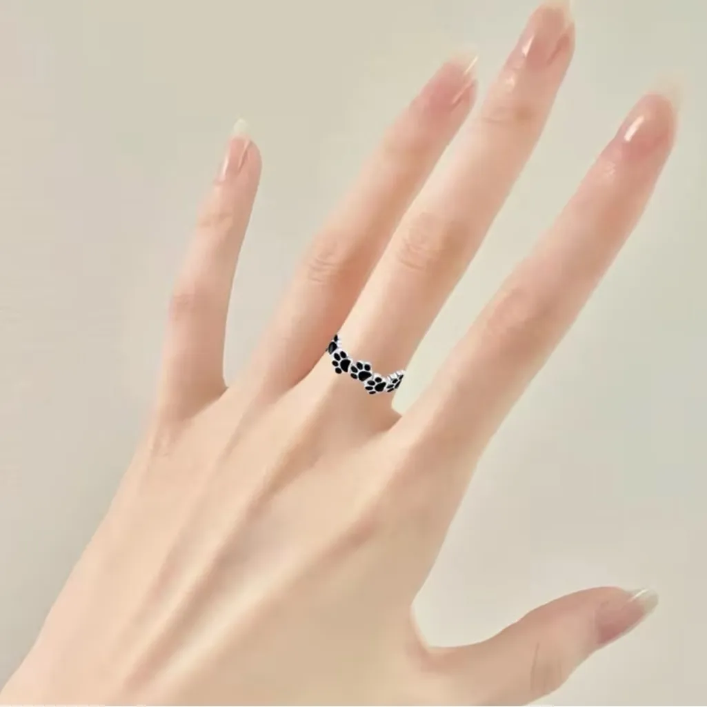 Paw Print Stainless Steel Silver and Black Paw Print Adjustable Ring Size 6 - Image 4