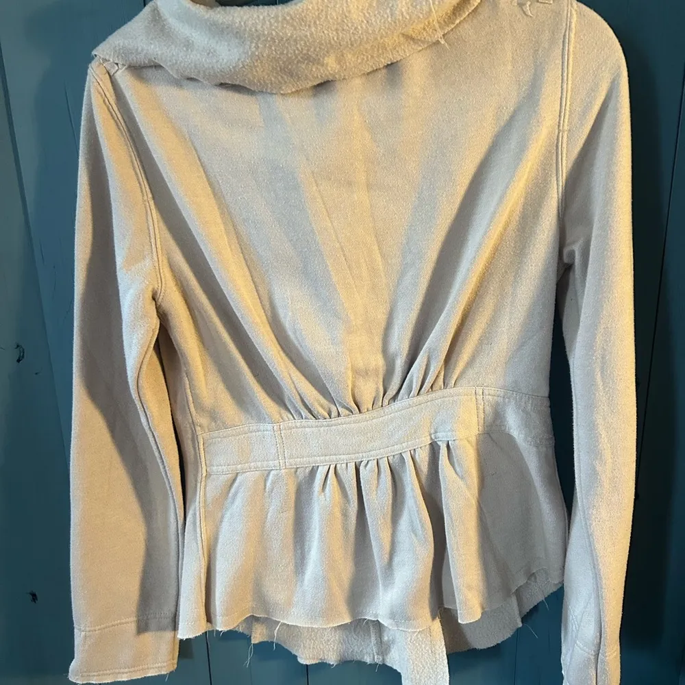 Blanc Noir Taupe Beige Asymmetric Ruffle Zip Up Soft Cozy Fleece Biker Jacket S - Image 5