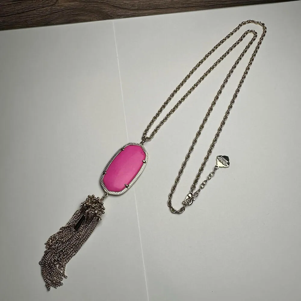 Kendra Scott Rayne Pink Stone Pendant Tassel Gold Tone Chain Necklace - Image 12