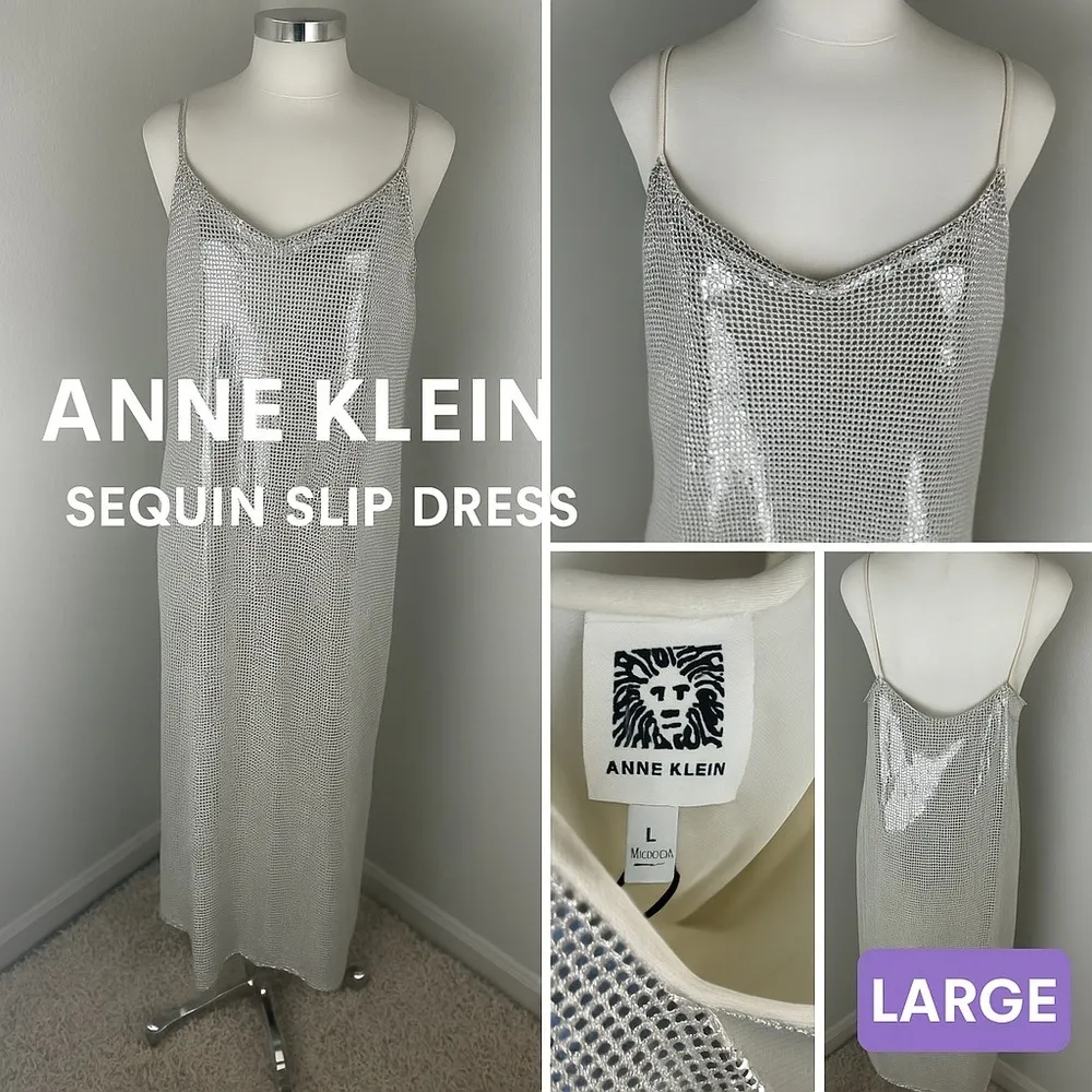 Anne Klein Silver Sequin Cowl Neck Midi Dress Large‎ NWT Holiday Cocktail - Image 12