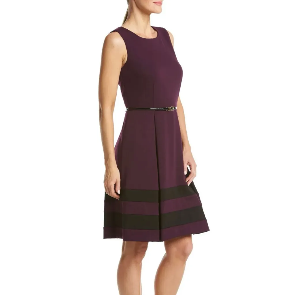 Calvin‎ Klein Purple  Sleeveless Striped Hem Belt Flare Ponte Knit Dress Size 8 - Image 2