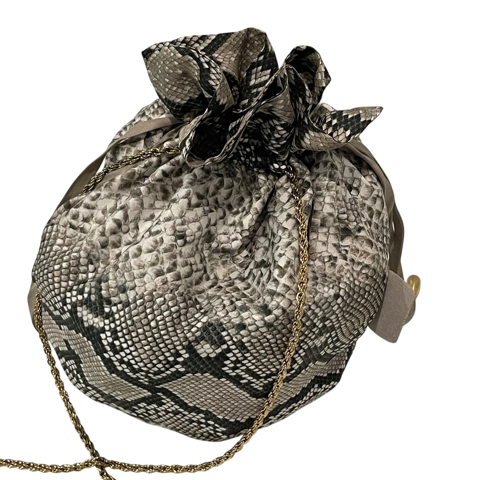 Zimmermann Snakeskin‎ Print Silk Bucket Pouch Bag Drawstring Gold Chain Strap - Image 2