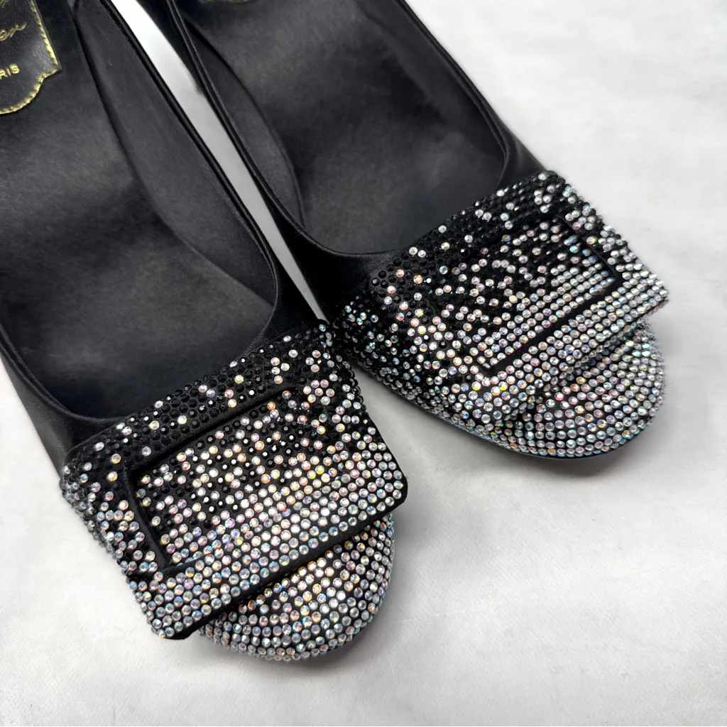 Roger Vivier Belle De Nuit Trompette Silk Satin Rhinestone Pumps Heels Black 38 Size 7 - Image 5