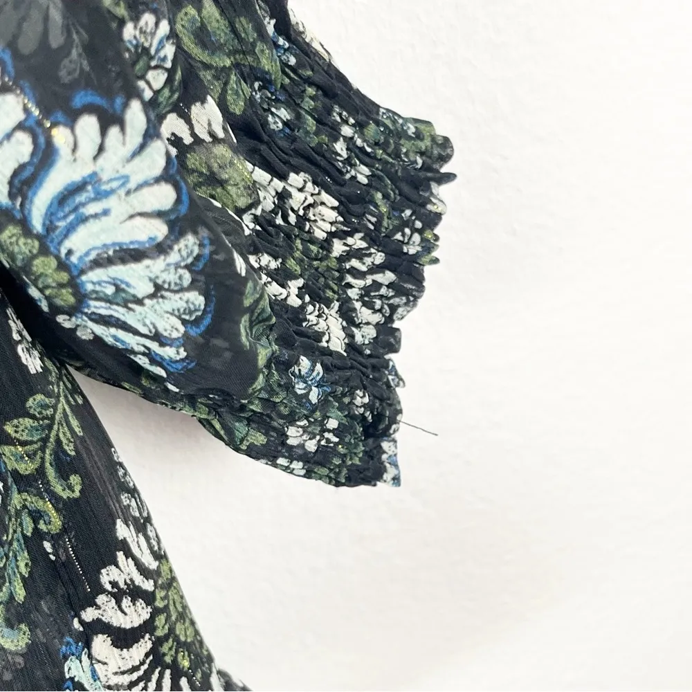 ZARA Black Floral Sheer Long Cuff Sleeves Velvet Velour Ruffle Trim Dress Small - Image 6