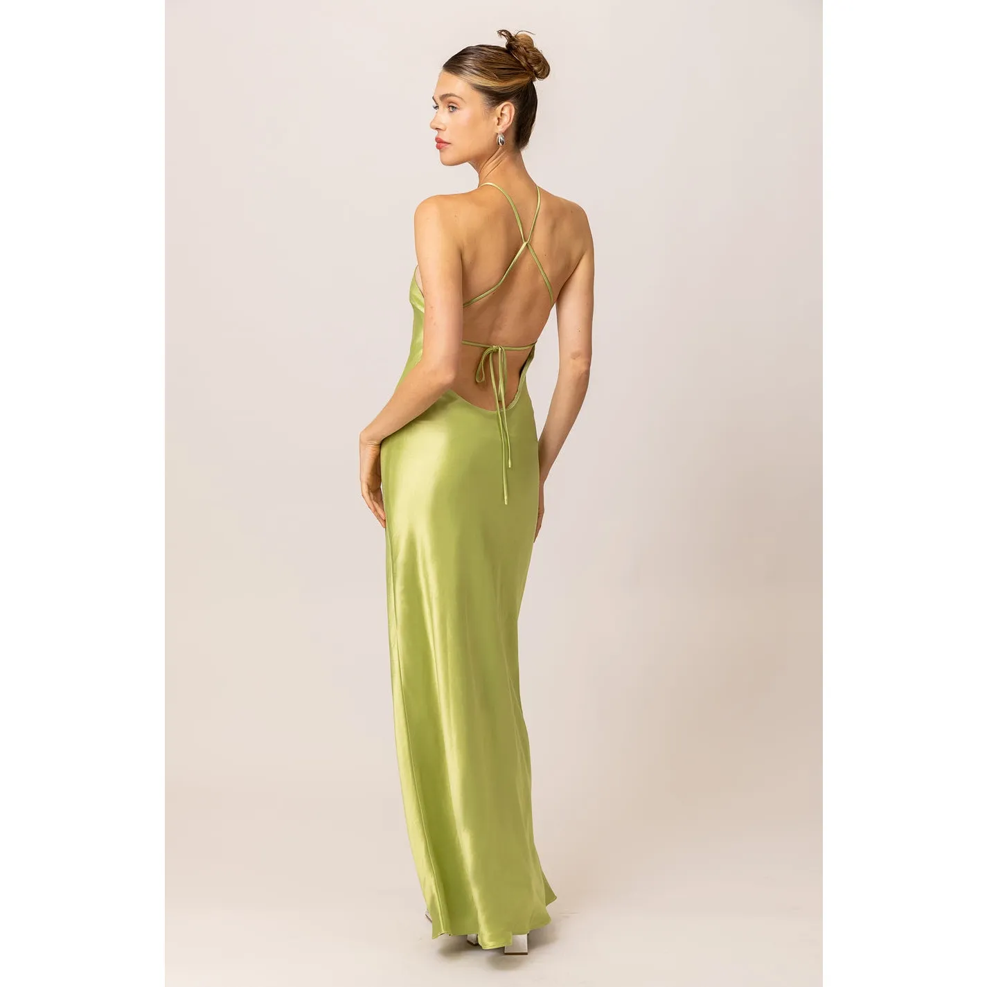 Line & Dot Lima Minimalist Satin Lime Green Elegant Halter Maxi Dress NWT XS - Image 2