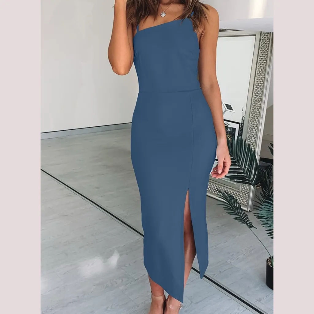 NWT‎ Gray/Blue Spaghetti Strap Asymmetrical Midi Dress – XS Blue - Image 4