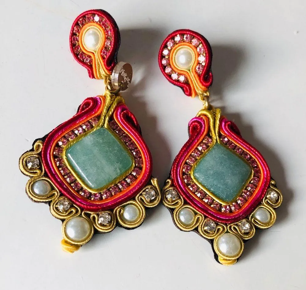 Azul Magenta Beaded with Pearls and rhinestones Drop Earrings - Image 2