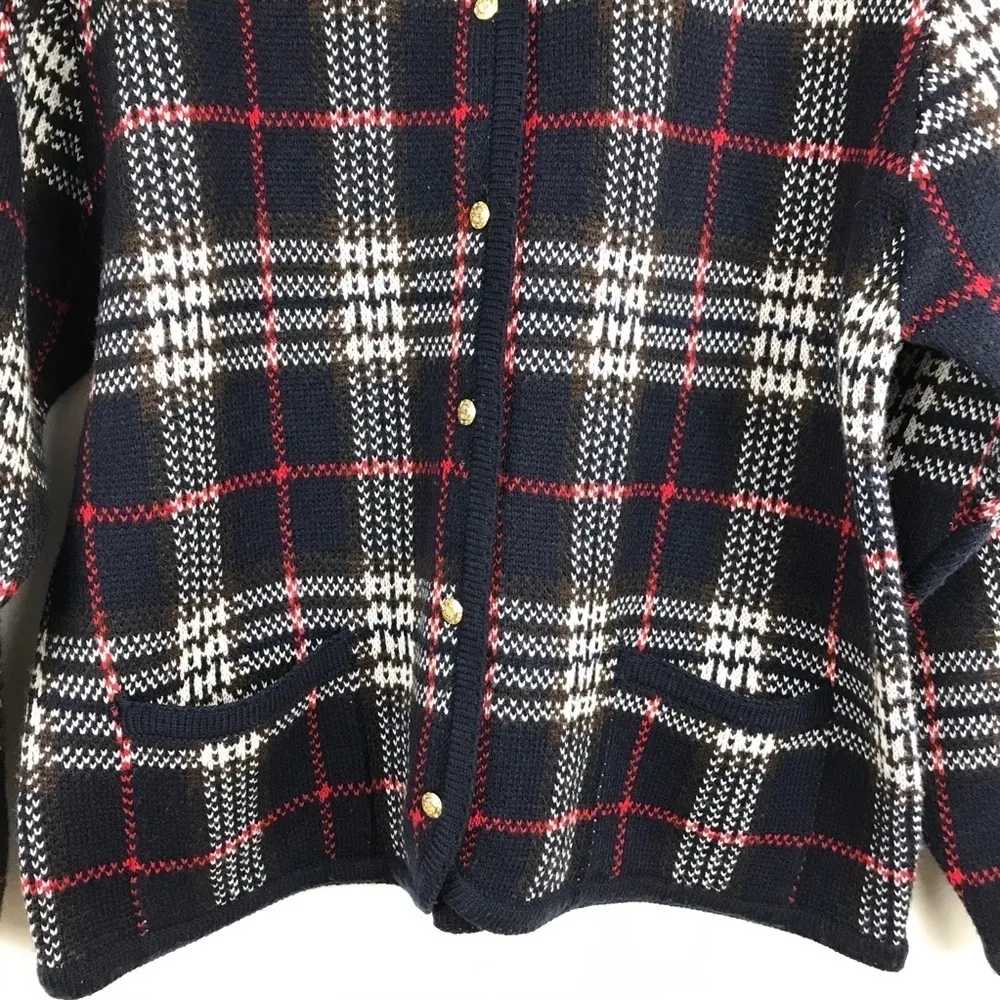 Vintage Crystal Kobe Grandma Grandpa Kawaii Navy Red Plaid Cardigan Women’s L Blue Size L - Image 4