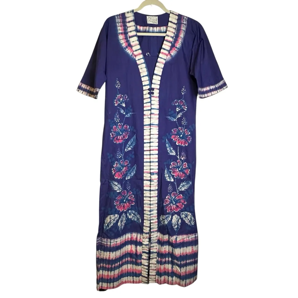 Vintage Bette of Jamaica Floral Purple Pink Blue White Kimono Dress 100% Cotton‎ Size M - Image 3