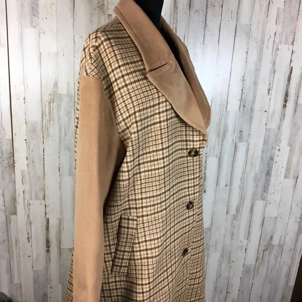 Mural Plaid Longline Coat Jacket Wool Blend Brown Size XL - Image 5