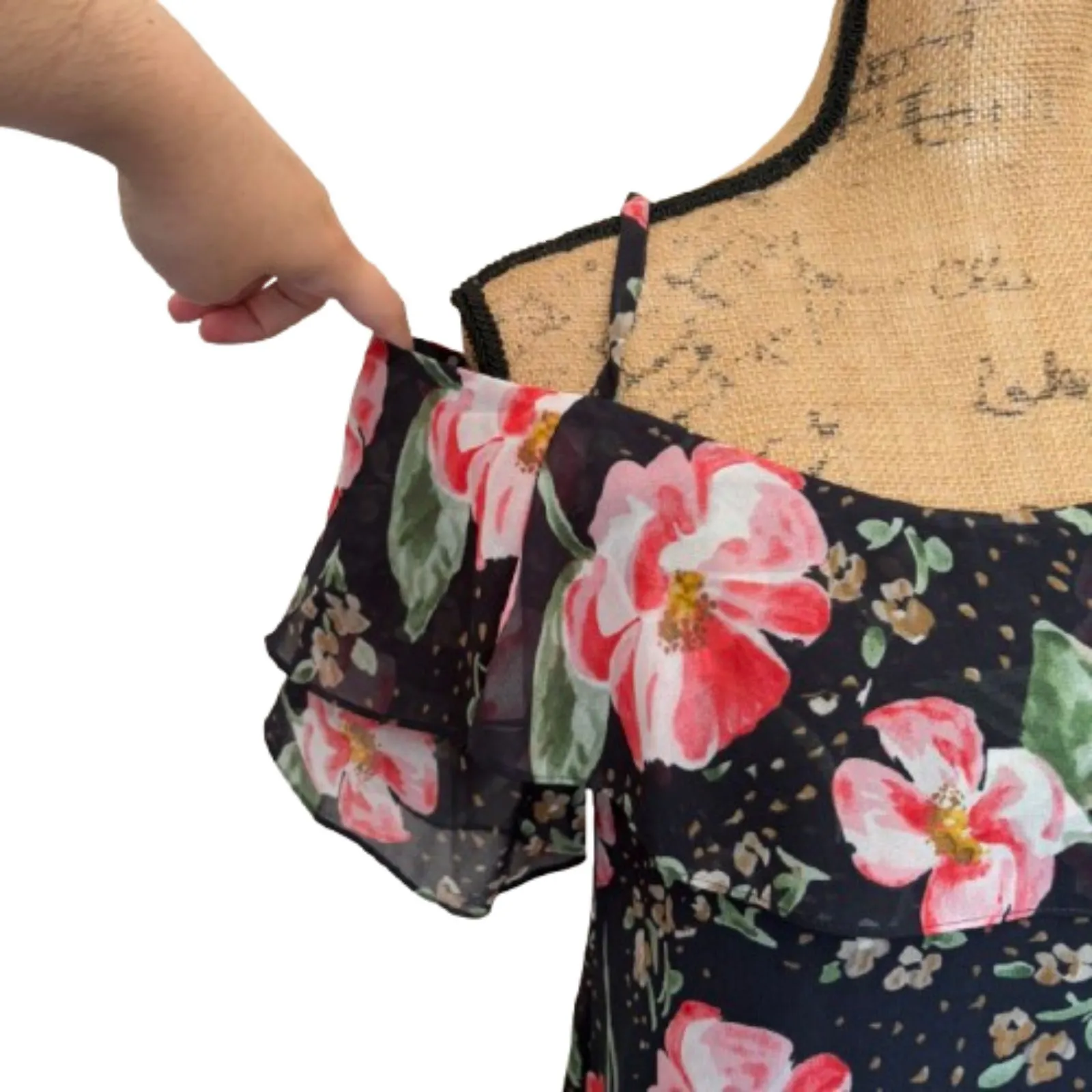 Cabi #5220 Fairytale Floral Blouse Cold Shoulder Romantic Black Pink Size XS‎ - Image 3