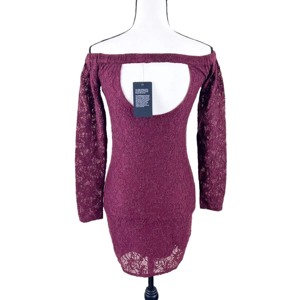 Chaser Lace Open Back Off Shoulder Long Sleeve Mini Dress Burgundy Size Small - Image 7