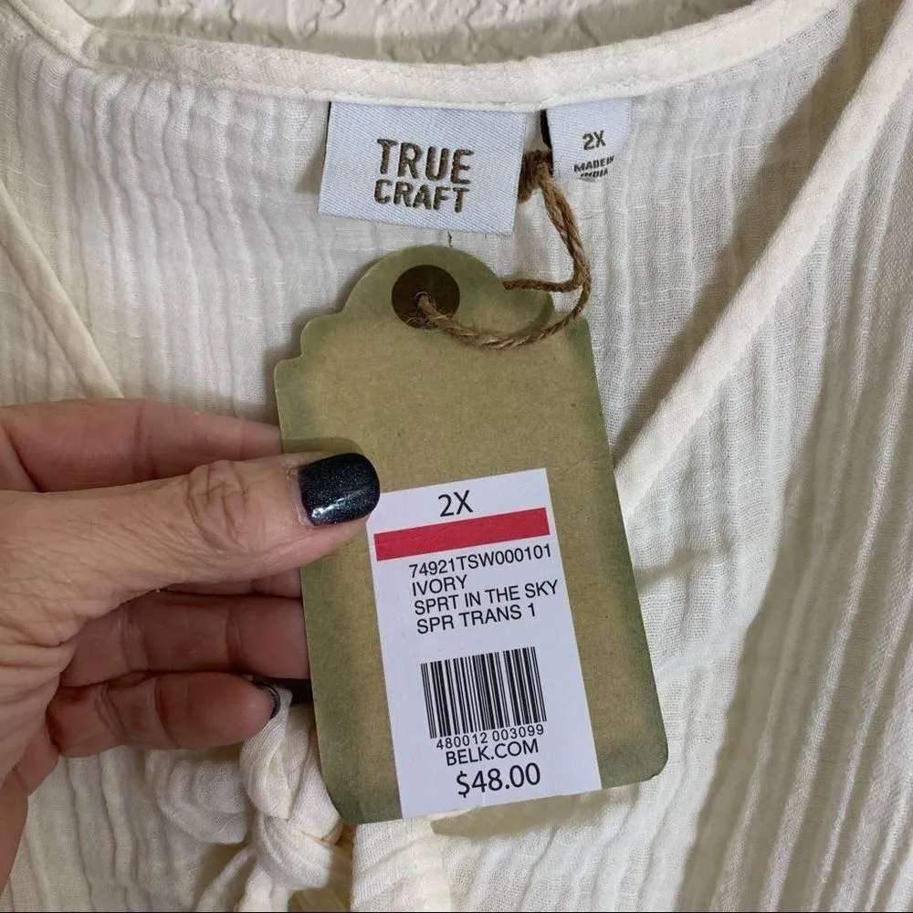TRUE CRAFT Plus Size Smock Waist Peasant Top in Ivory Bow Tie Detail‎ Blouse 2X - Image 9