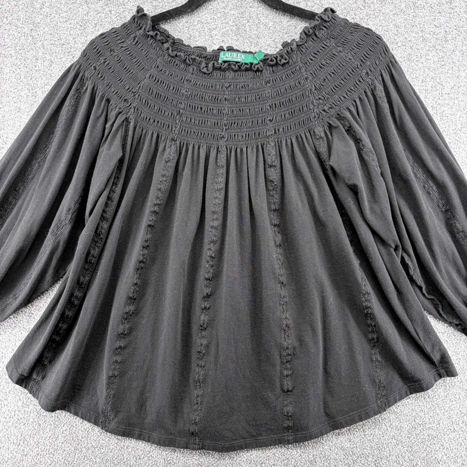 Lauren Ralph Lauren Black Smock Off Shoulder Cotton Modal Long Sleeve Top Large - Image 2