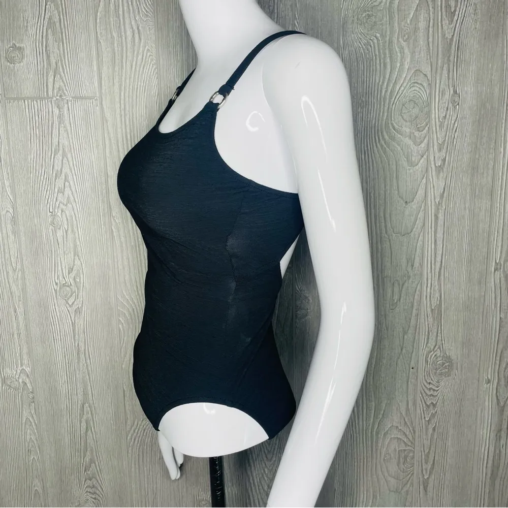 Vintage Leilani black one piece swimsuit swimwear with round metal detail 6 - Image 4