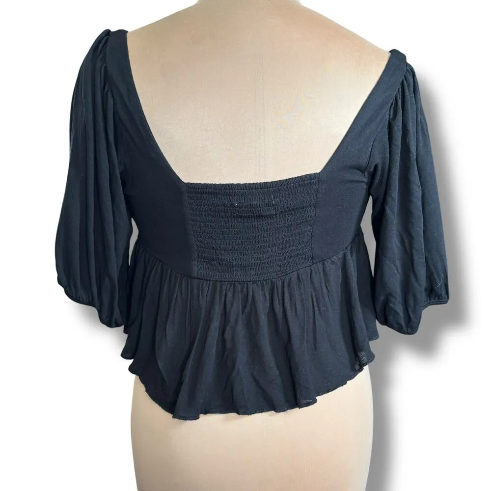 Urban Outfitters Lisabeth Top Black Puff Sleeve Cropped Blouse Size Large - Image 4