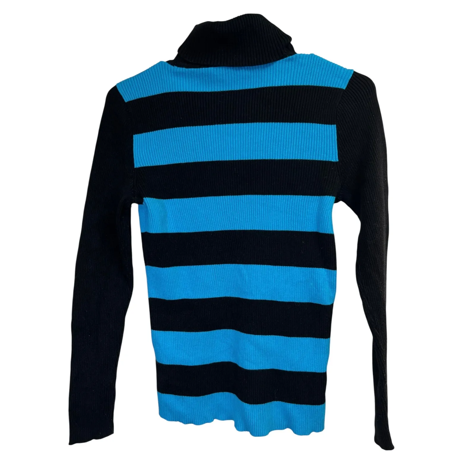 Lauren Ralph Lauren Black Turquoise Blue Striped Rib Turtleneck Sweater Medium - Image 5