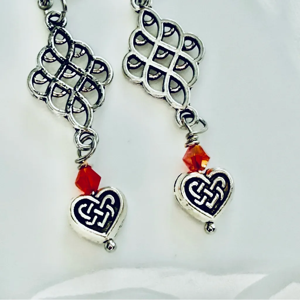 Antique Silver & Red Crystal Celtic Style Earrings - Image 2