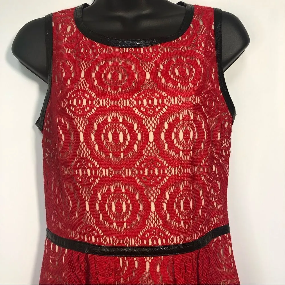 Red Lace Dress with Faux Leather Accents Size 10 - Image 3