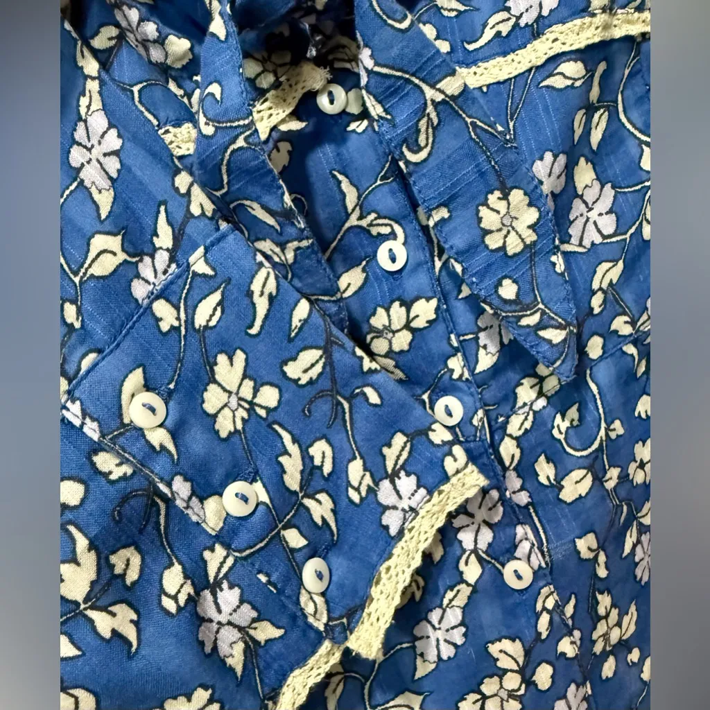 Free People Call Me Baby Long Sleeve Blouse Lace Smocked Blue Floral‎ Top S New - Image 7