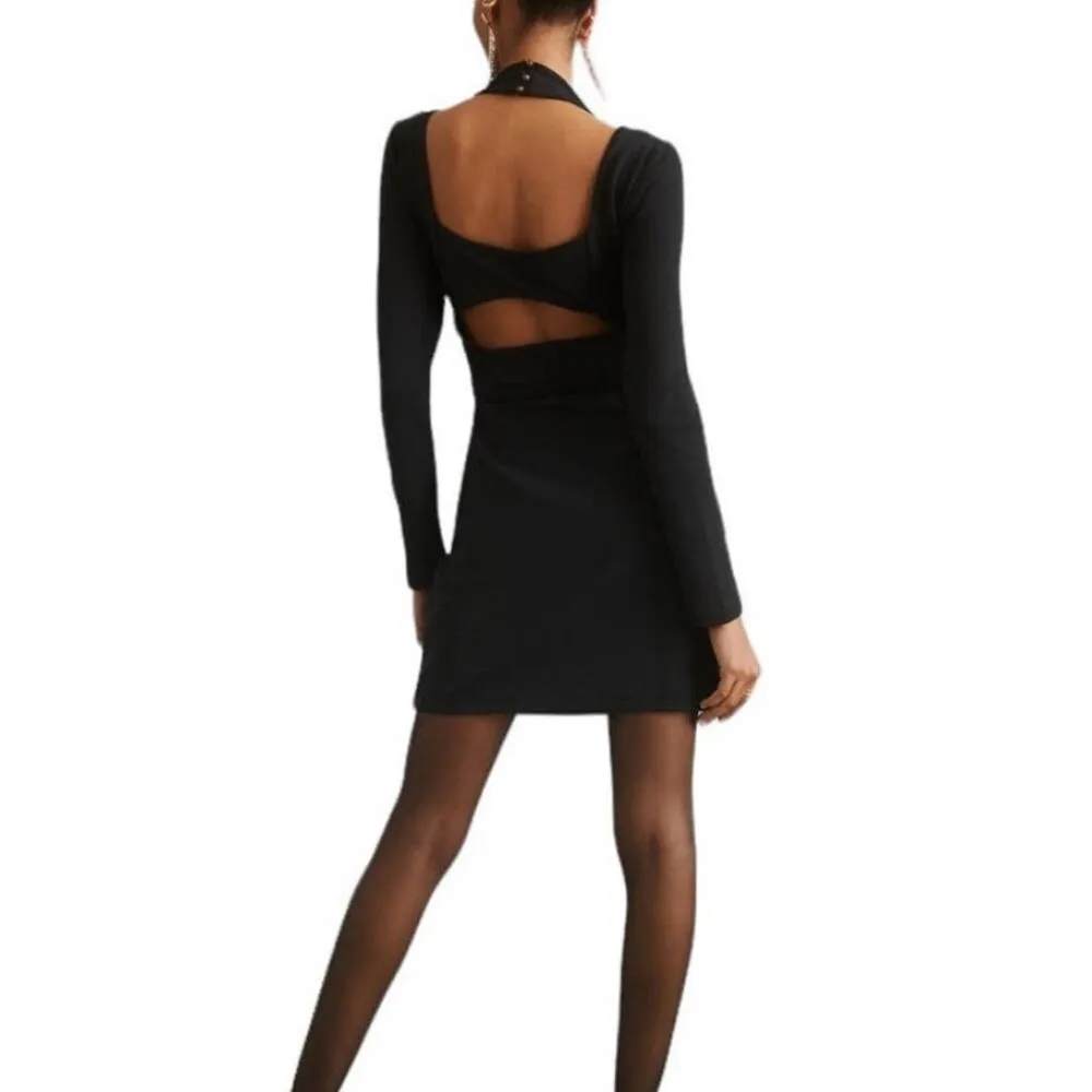 Anthropologie NWT Long Sleeve Black Cut Out Back Mini Dress size Medium - Image 2