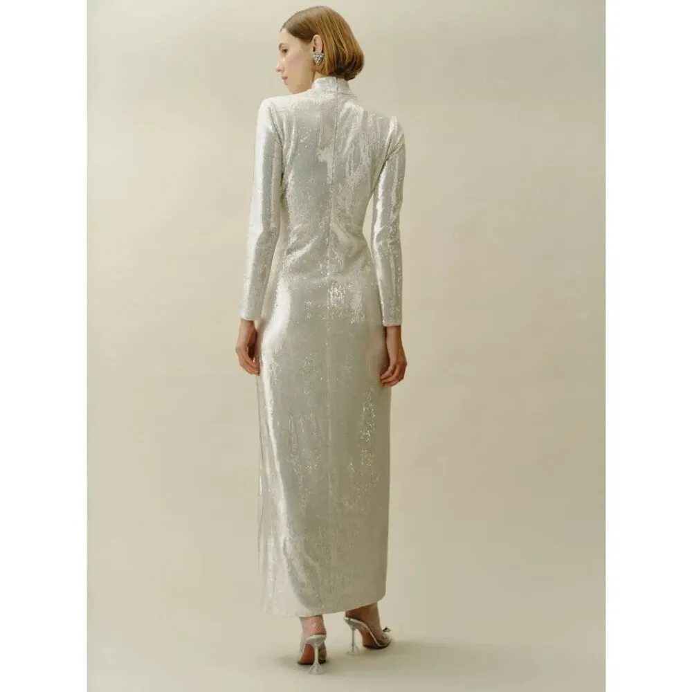 💕REFORMATION💕 Talicia Sequin Mock Neck Maxi Dress ~ Silver Sparkle 6 NWT - Image 3