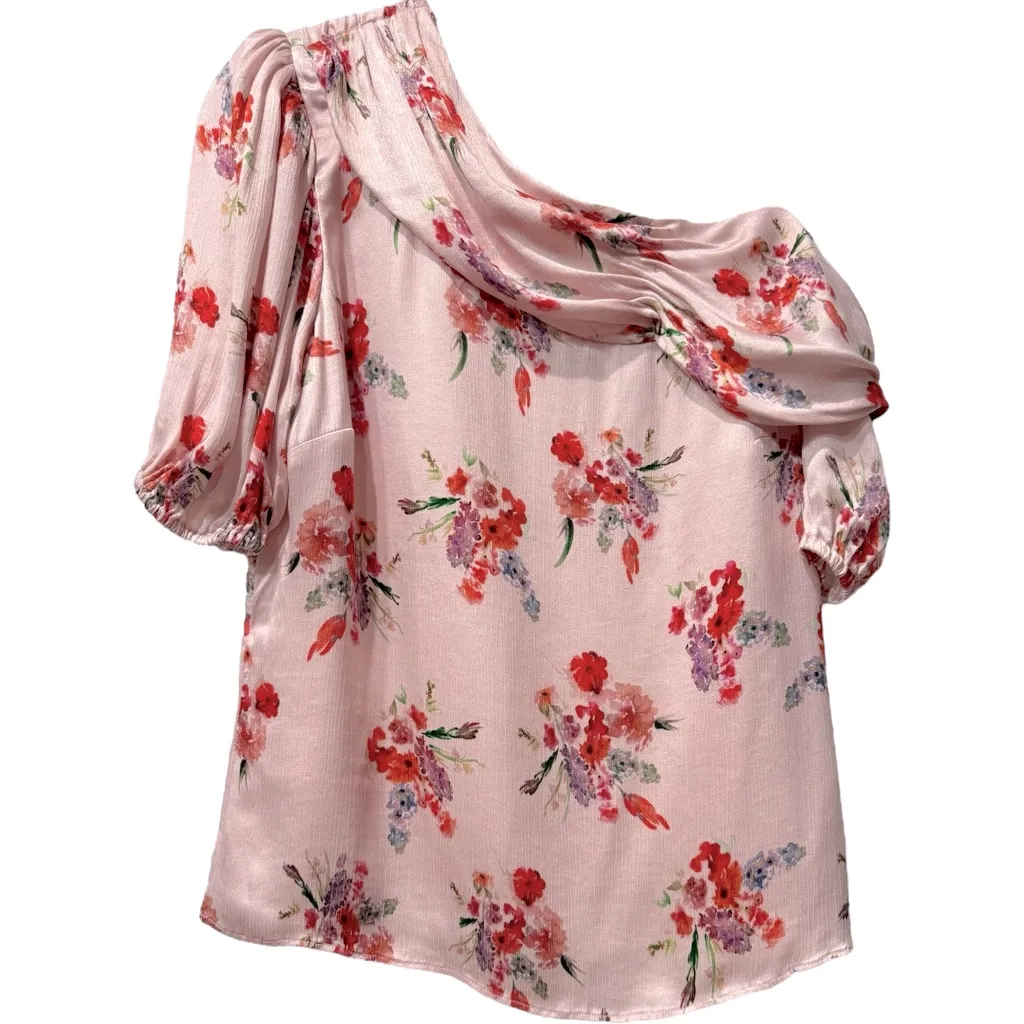 AMUR Betty Off The Shoulder Top / Baby Pink Floral Satin Blouse Size Large‎ $339 Red - Image 5