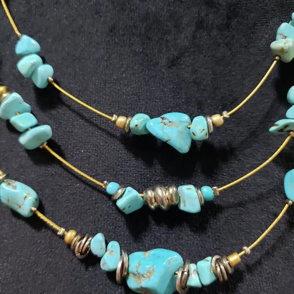 Women Triple Layer Beaded Blue Turquoise Stone Charm Necklace with Lobster Clasp - Image 4