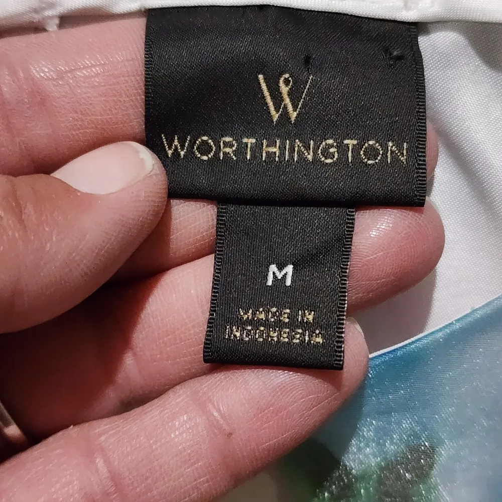 Worthington White Watercolor Floral Illusion Stripe Taffeta Blouse Size Medium - Image 6