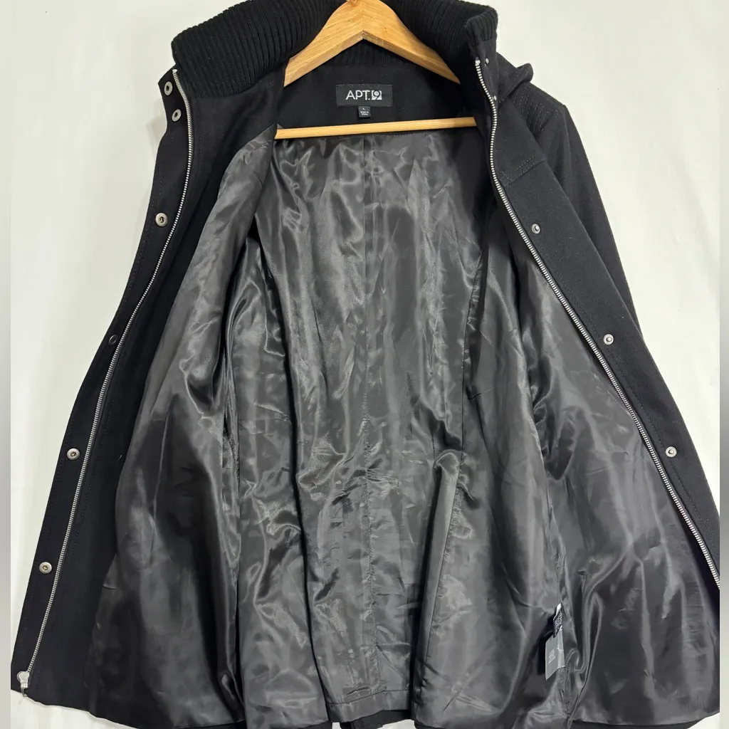 Apt 9 Wool Coat Womens L Hooded Black Belt Zipper/Snap Closure Office Industrial - Image 6