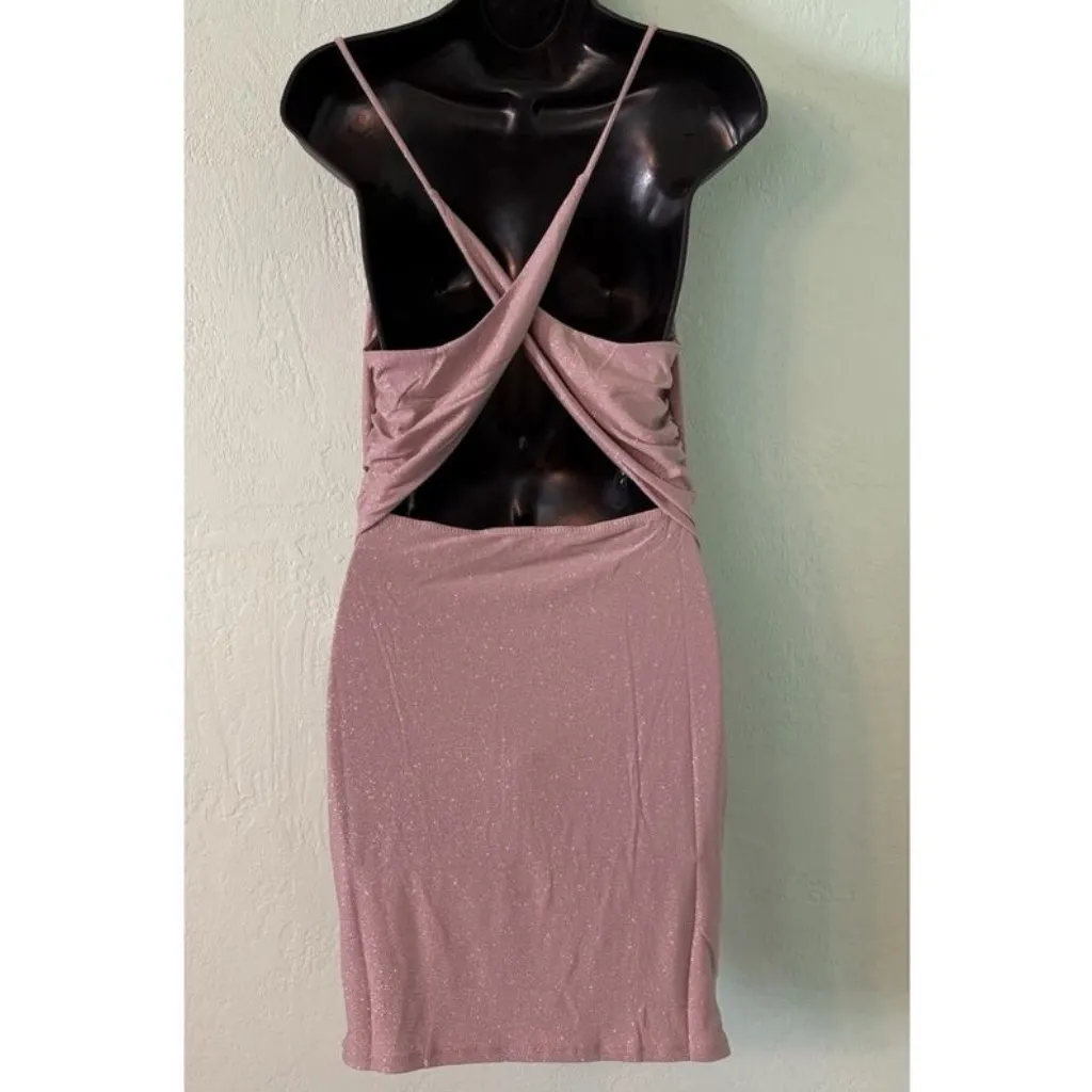 Triple Seven Pink Taupe Sparkling Mini Cocktail Party Cross Back Dress Sz Small - Image 5