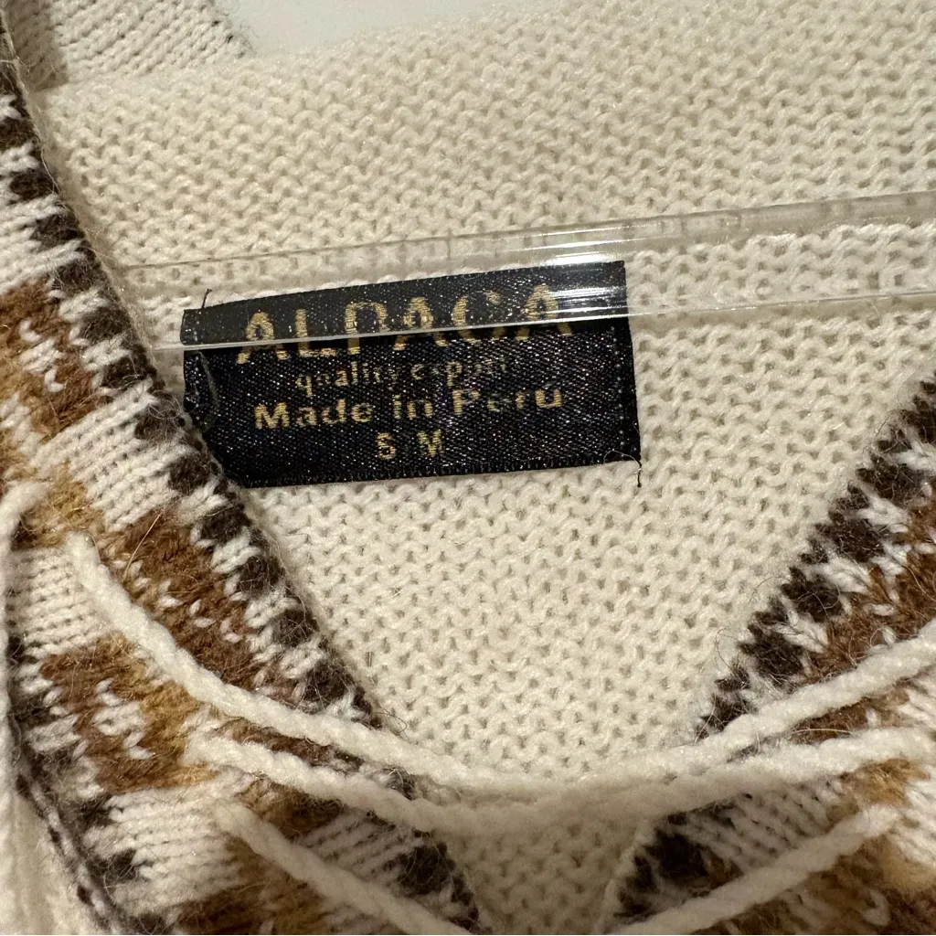 Alpaca Peru Fringe Tassel Knit Sweater Hood‎ Tribal Accents cream brown size S/M - Image 3