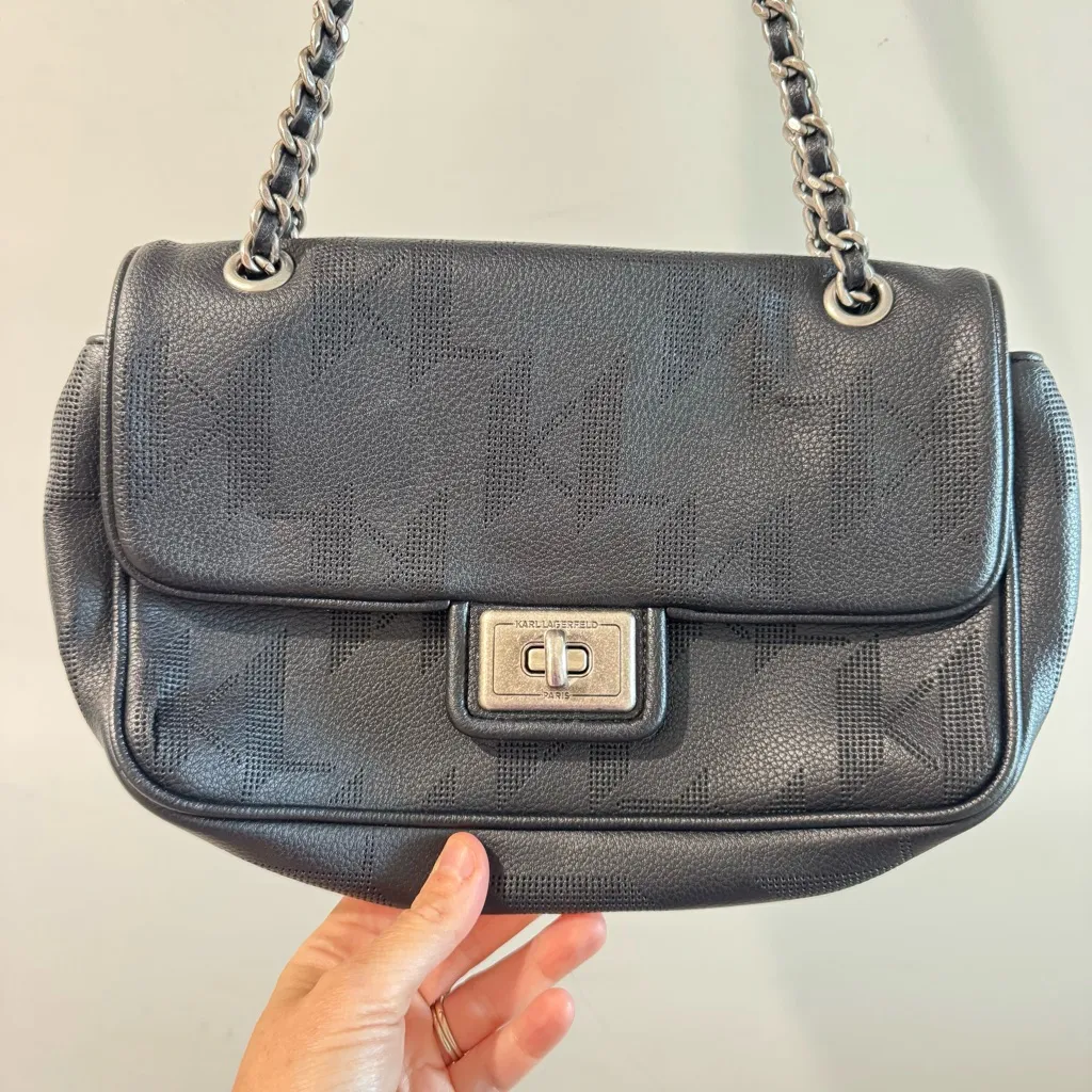 Karl Lagerfeld Paris Black Vegan Leather Agyness Monogram Shoulder Bag - Image 3