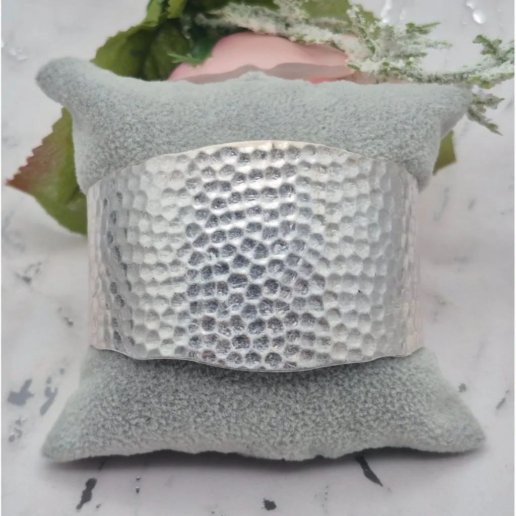 Brushed Silver Tone Hammered Wide Cuff Bracelet Brutalist Statement Piece - Image 5