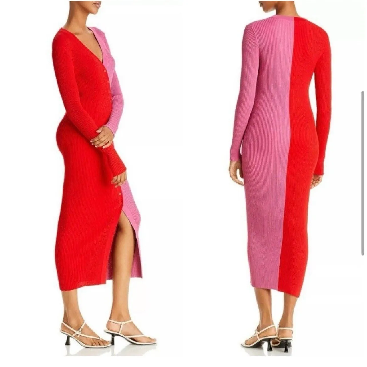 STAUD Shoko Colorblock Lurex Ribbed Long Sleeve Sweater Dress Medium Lava Peony Pink - Image 3