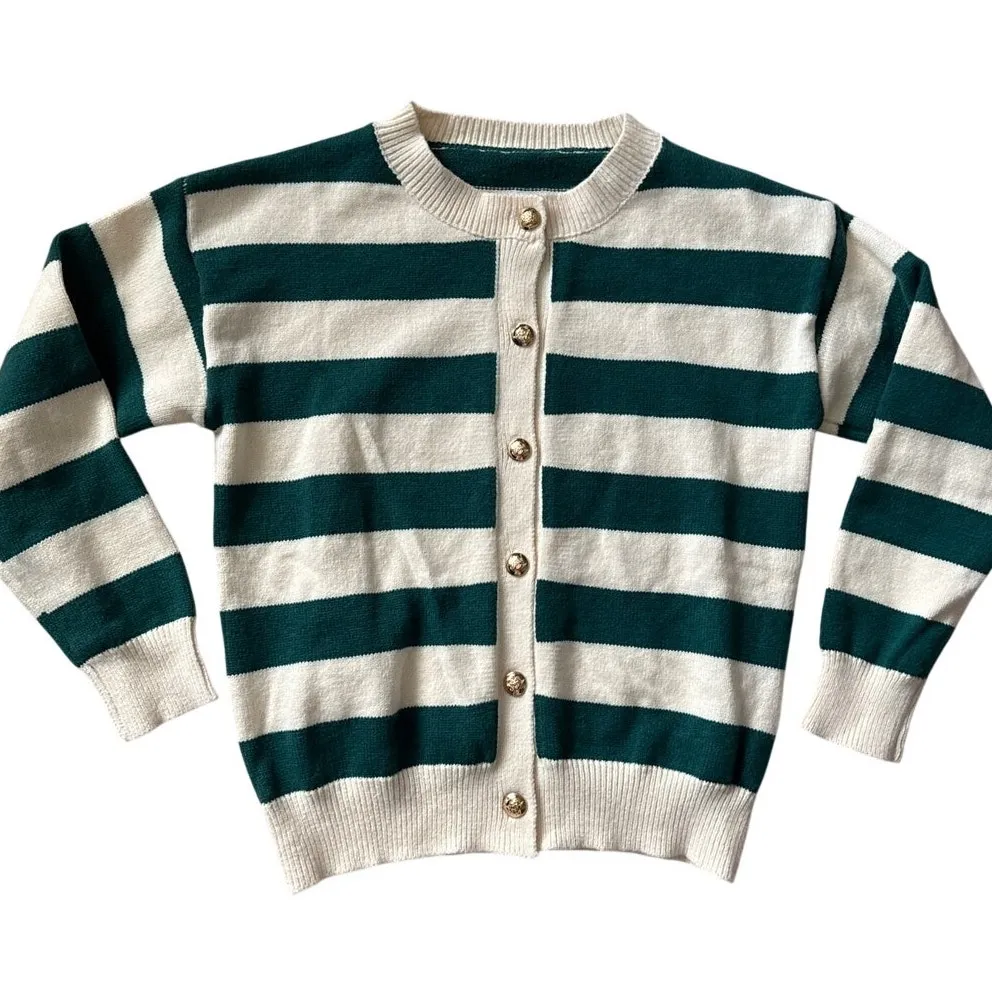 Long Sleeve Crew Neck Button Up Striped Sweater Cardigan Green White Size Large - Image 4
