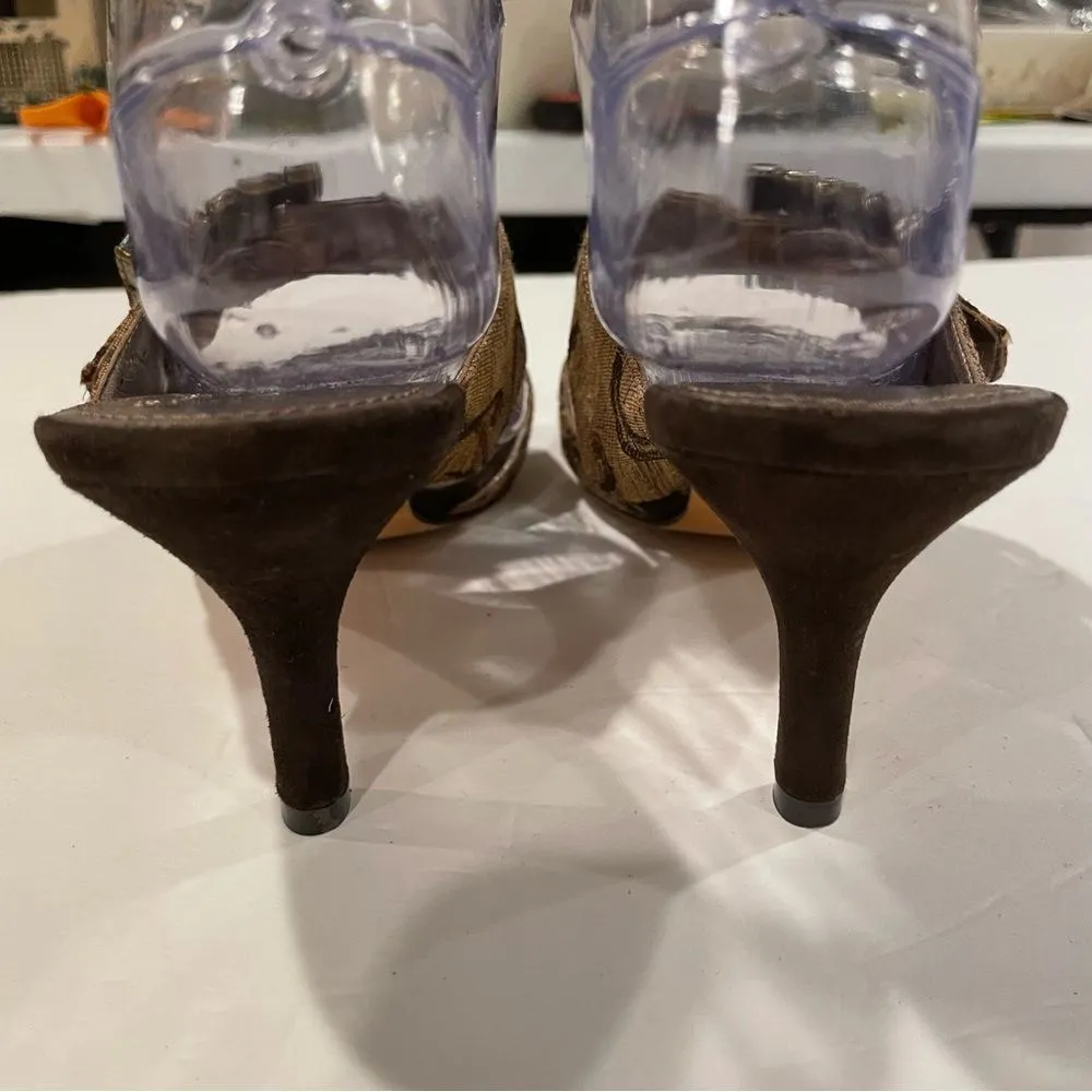 Y2K baroque fabric orange jeweled buckle strapy slides kitten heel luxury Brown Size 7.5 - Image 6