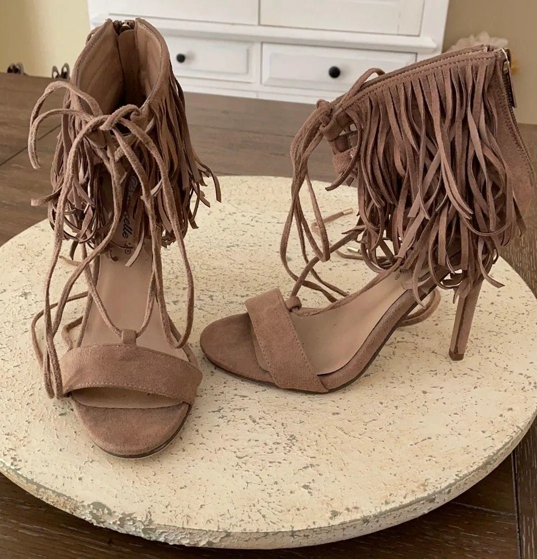 Tan Roma-63 Suede Peep Toe Fringe Gilly Tie Stiletto Zip Heel 7 - Image 4