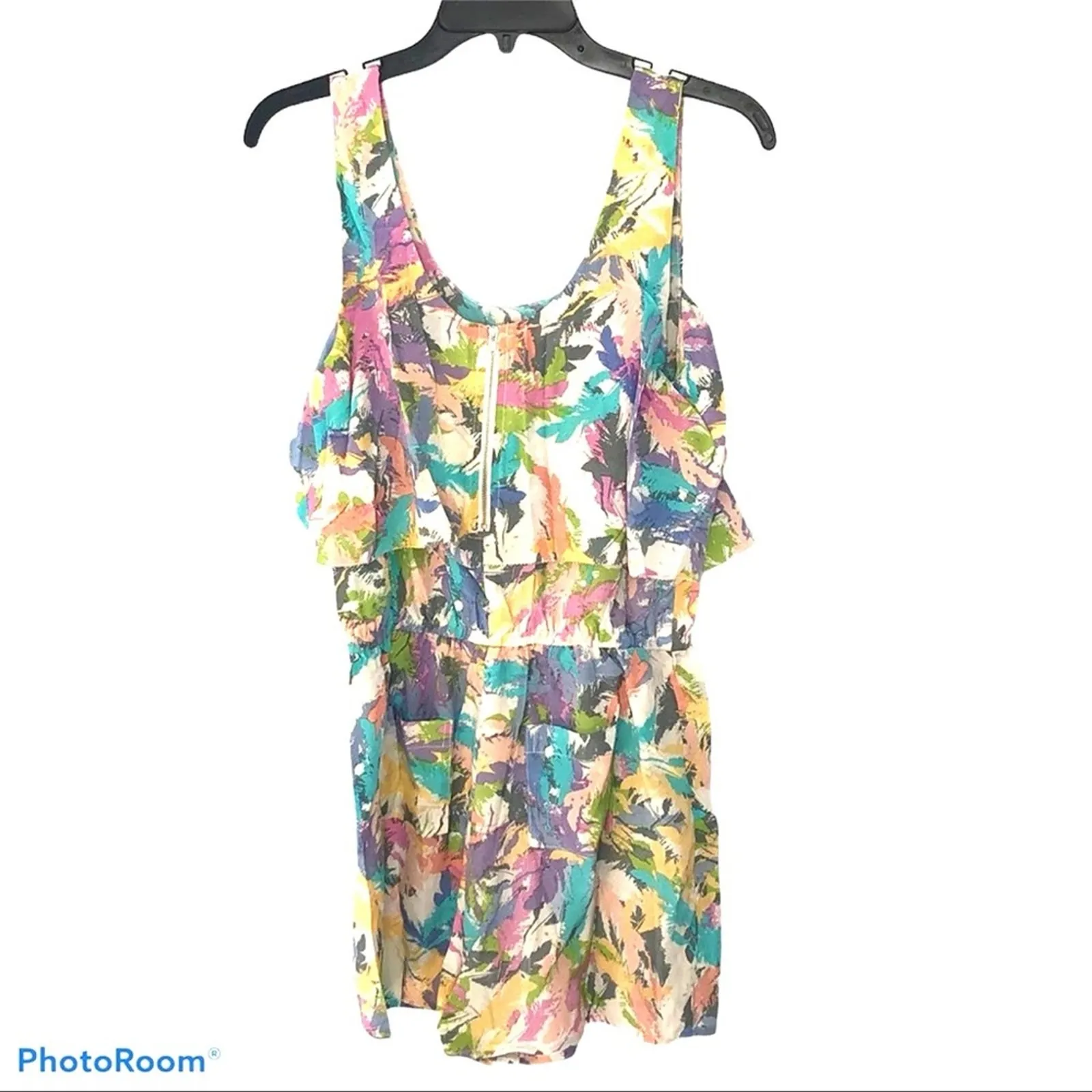 R•89 Watercolor Silk Ruffle Romper Pastel NWOT Size S Pink - Image 13