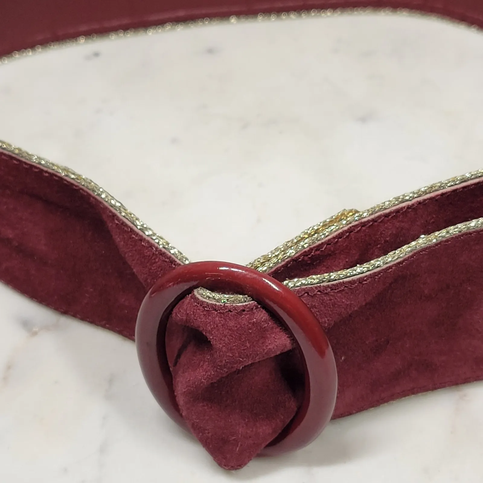 VTG Yves Saint Laurent Suede Belt 75/30 Burgundy Red Bakelite Buckle Gold Trim - Image 3