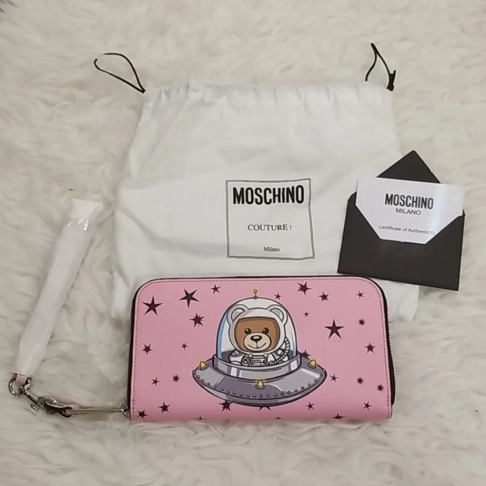 💕MOSCHINO💕 Space Ship Bear Zip Around Wallet Pink NWT 100% Leather - Image 14