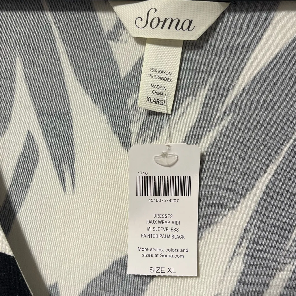 NWT Soma Sleeveless Faux Wrap Midi dress with waist tie black & white palm XL - Image 3
