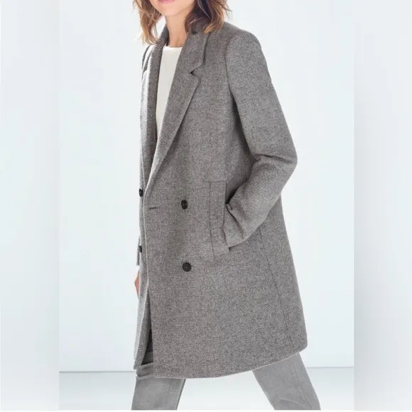 Zara Light Gray Wool Blend Long Pea Coat Xsmall Double Breasted Size XS - Image 3