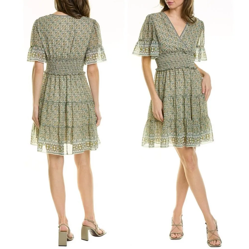 NWT Max Studio Tiered A-Line Flutter Sleeve Dress Cream Green Floral Size Medium - Image 14