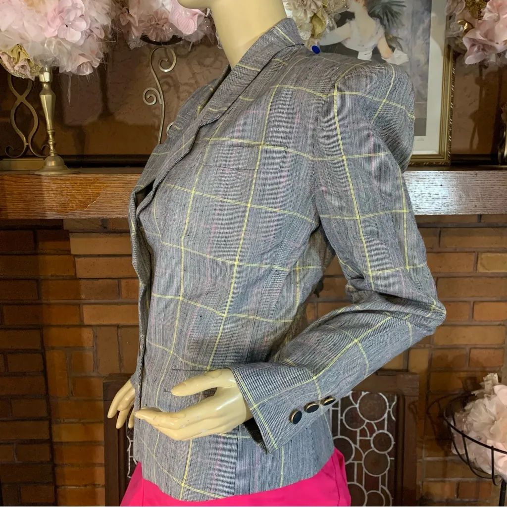 VINTAGE 1980'S KASPER ASL BLUE, PINK, YELLOW AND WHITE STRIPE BLAZER (4) Blue - Image 9