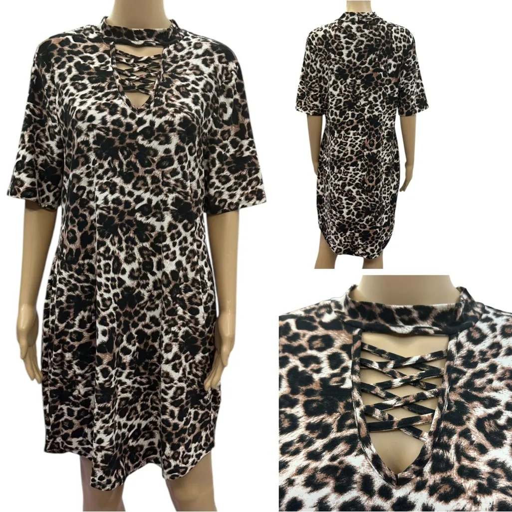Bobbie Brooks Leopard Animal Print Criss Cross Neckline Short Sleeve Dress XL Black - Image 2