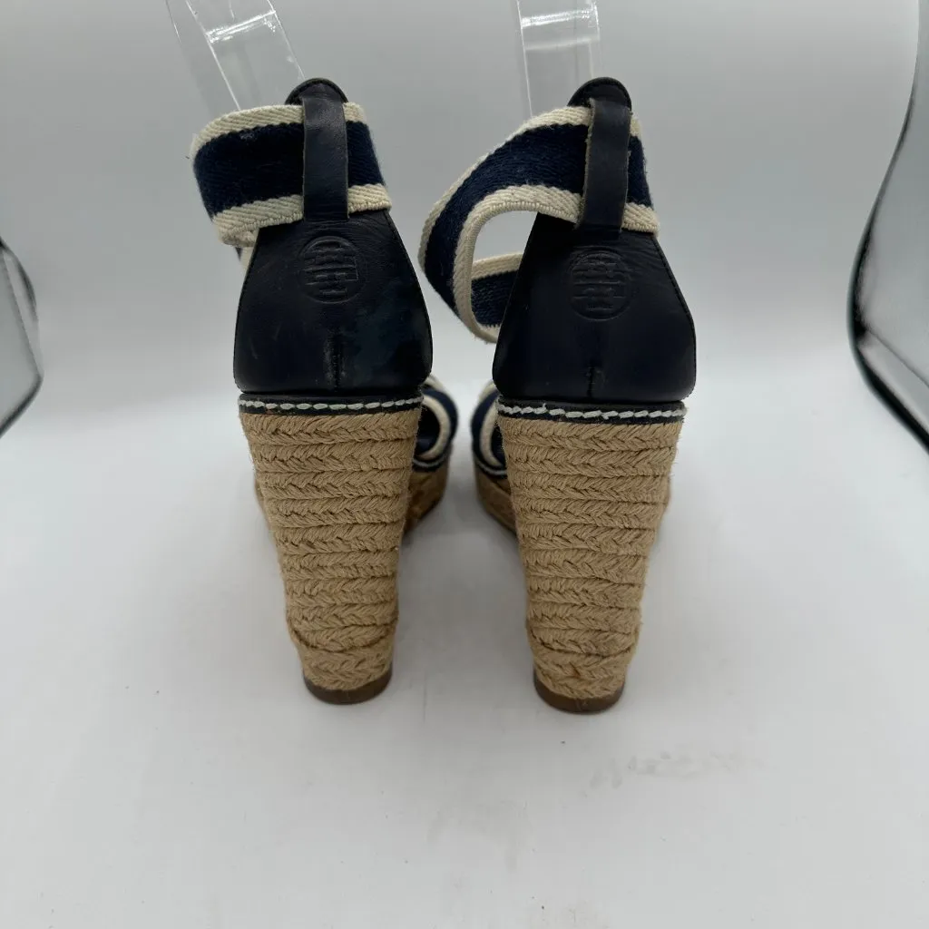 TORY BURCH Navy Blue & Cream Contrast Elastic Espadrille Wedges Women's 6B - Image 4