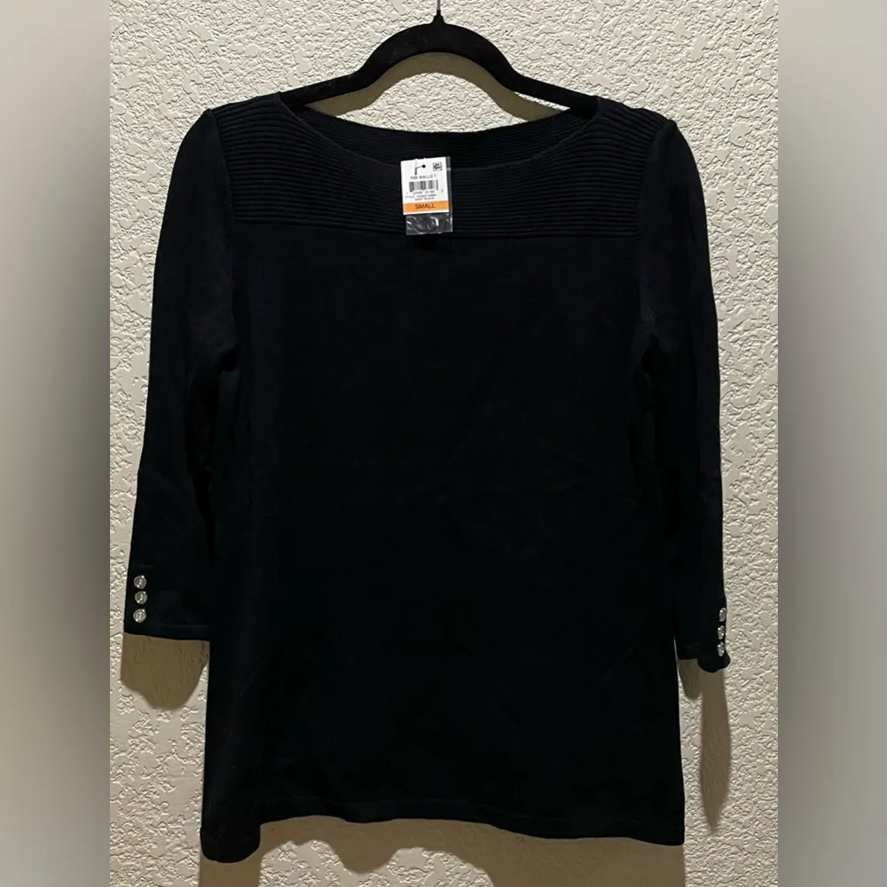 NEW Karen Scott Black Boat neckline Sweater Top Size S 3/4 Sleeves - Image 2