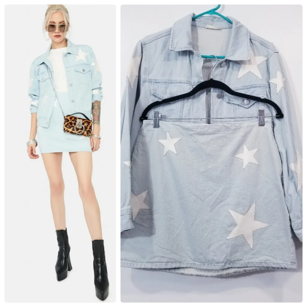 Altar'd State Light Blue Star-Patterned Patchwork  Denim Jacket and Skirt Set - Image 2